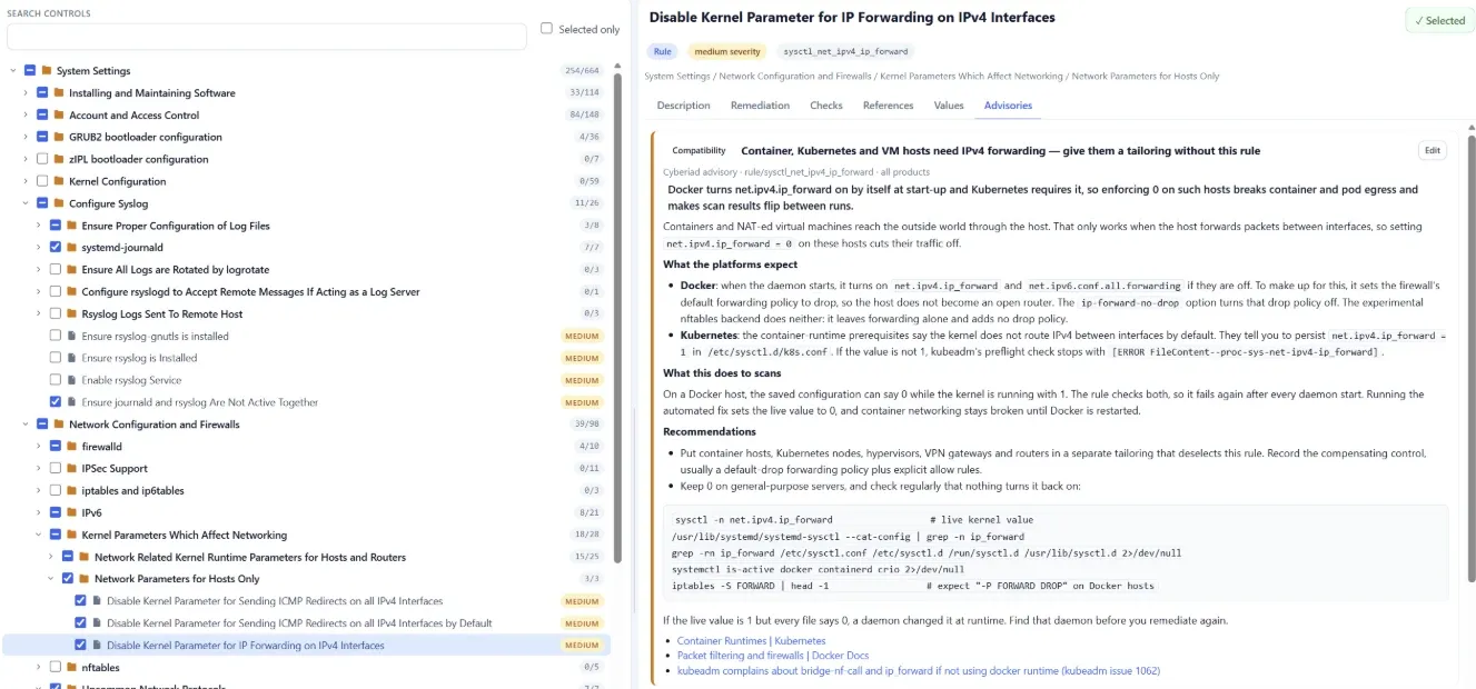 Cyberiad workbench: a searchable tree of security rules on the left and, on the right, a Haction advisory for the rule that disables IP forwarding on IPv4 interfaces.